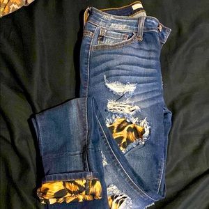 KanCan Leopard Print Patched Skinny Jeans